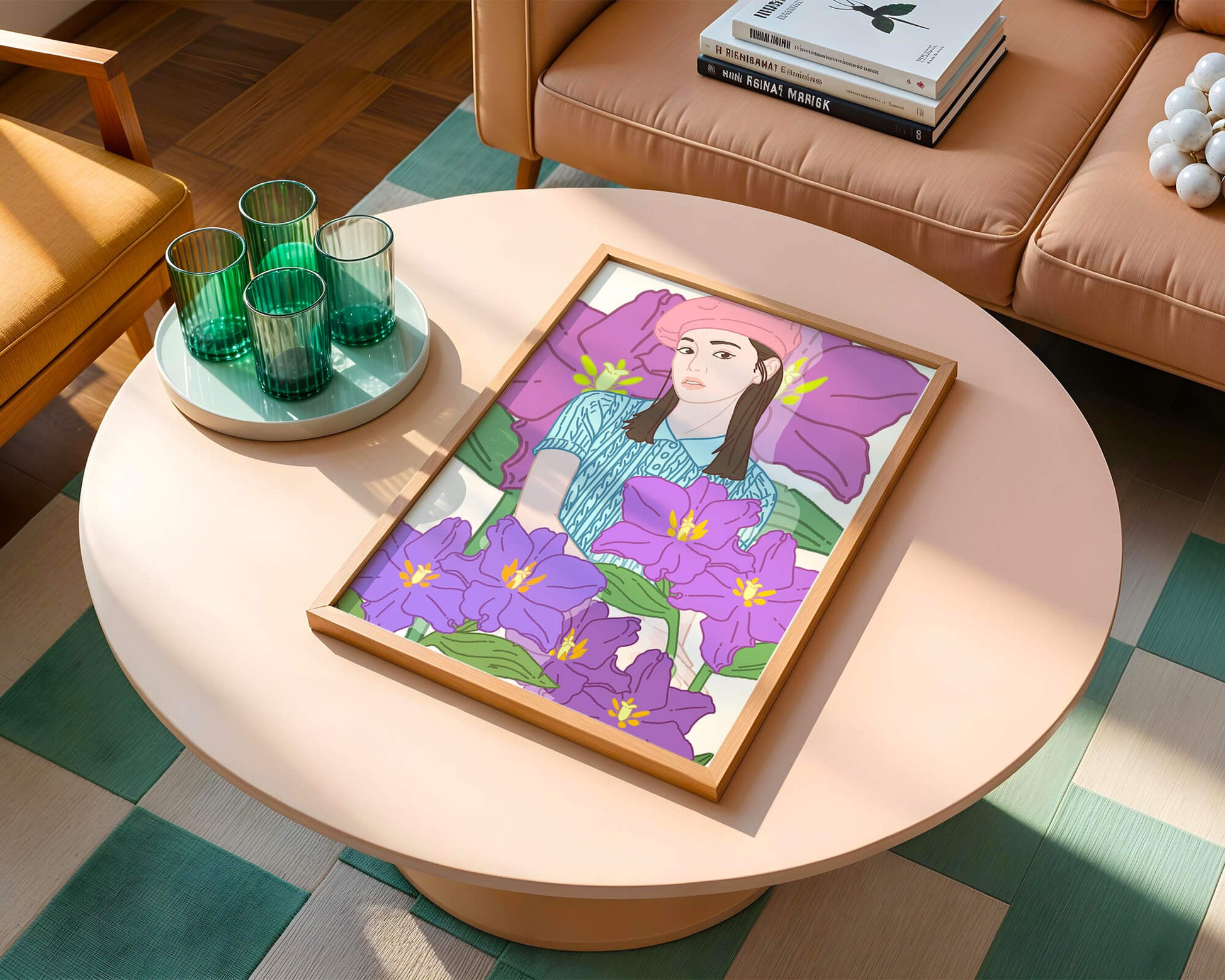 Ilustración de una joven con boina rosa y flores moradas