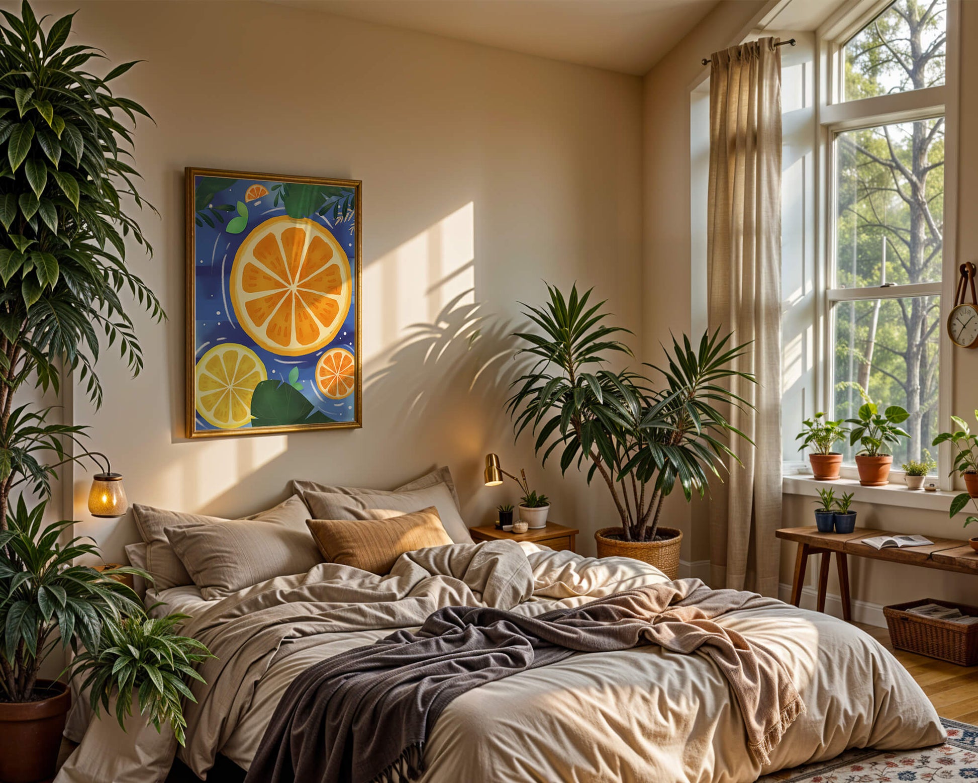 Rodajas de cítricos coloridas sobre fondo azul con hojas tropicales