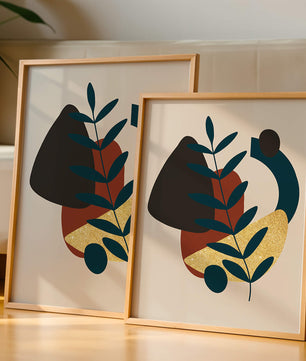 Abstract Botanical Composition with Geometric Shapes and Gold Accent - Mi tienda