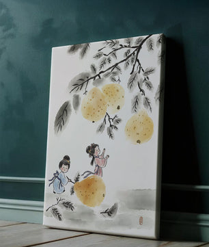 Ilustración encantadora de niños en vestimenta tradicional recolectando peras