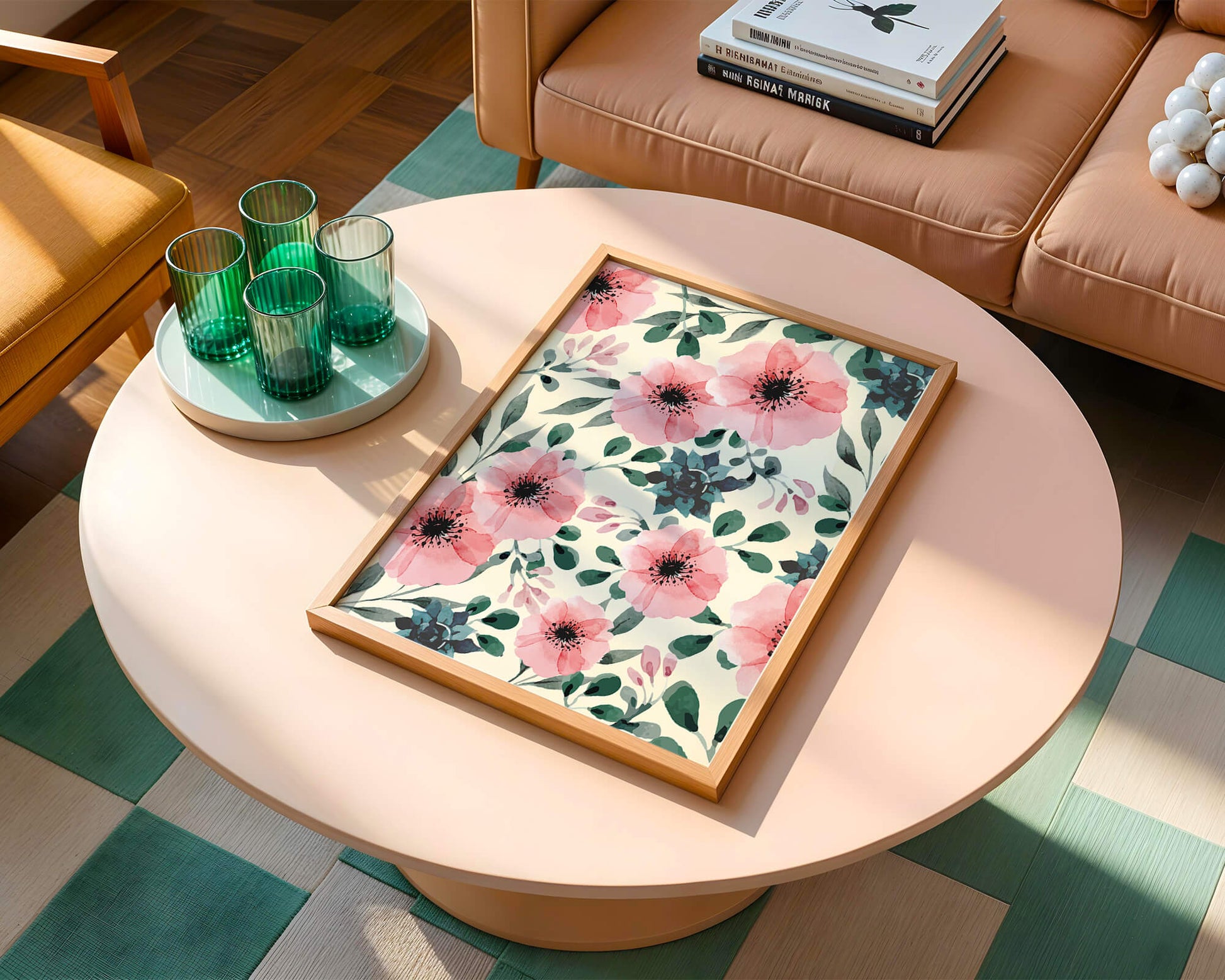 Floral Watercolor Pattern with Pink Flowers and Green Leaves