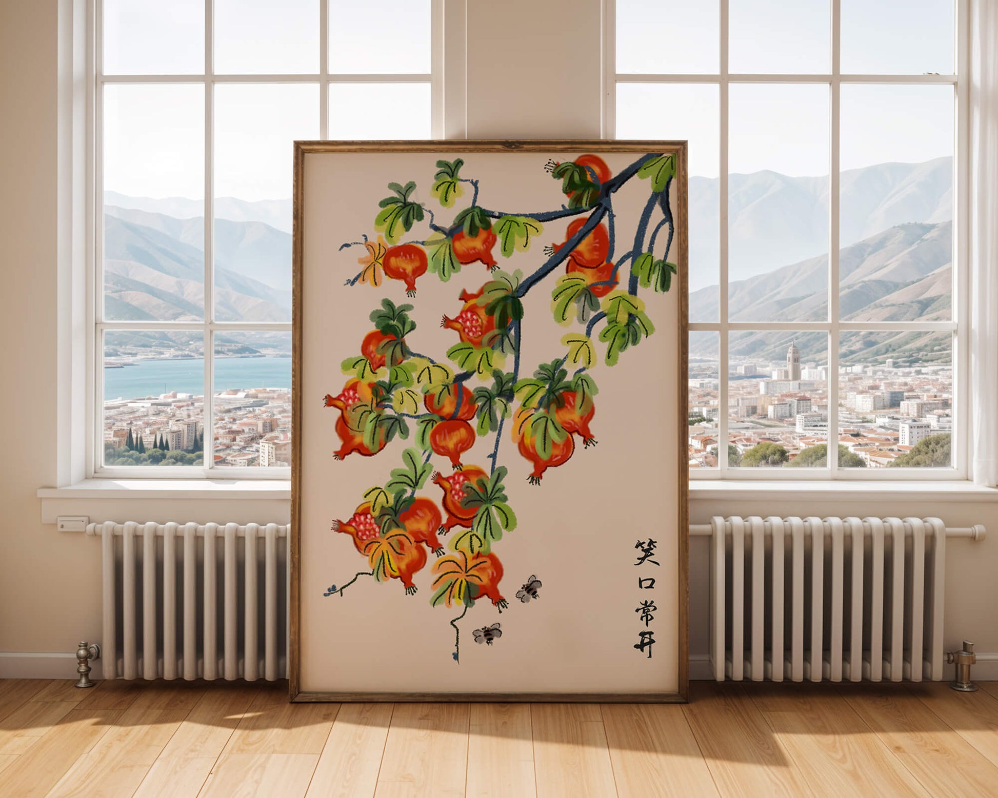Artistic illustration of vibrant pomegranates on a branch with Asian aesthetic