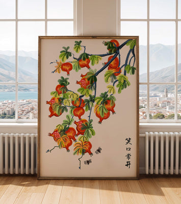 Artistic illustration of vibrant pomegranates on a branch with Asian aesthetic