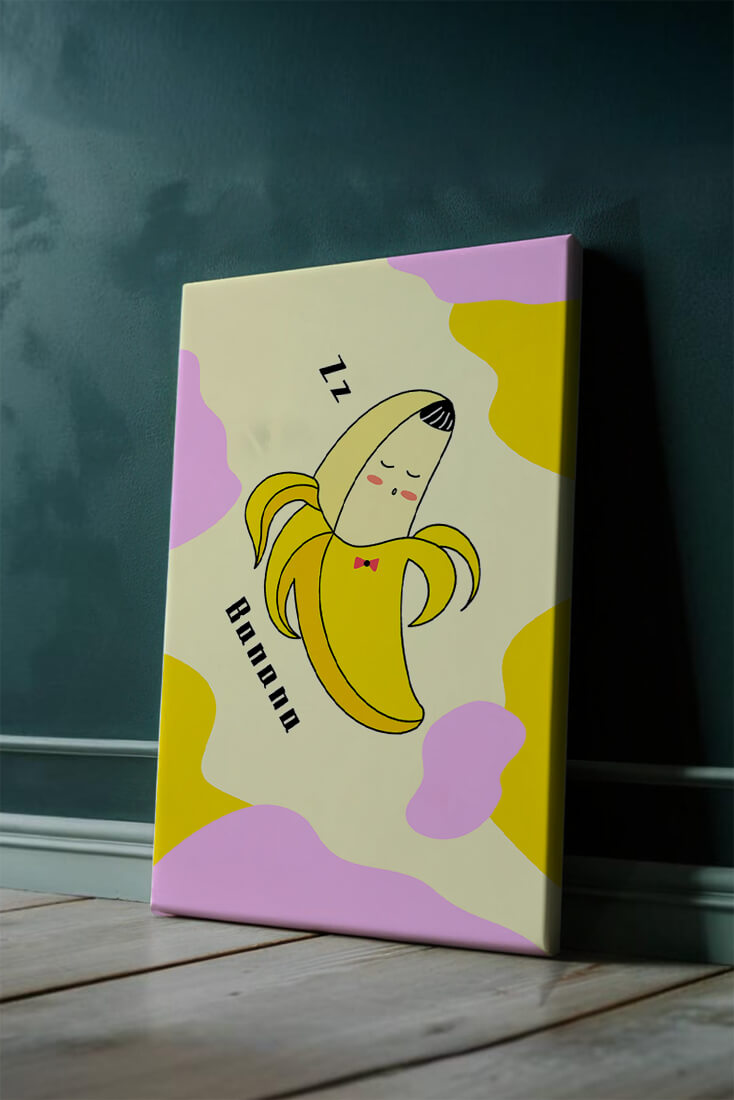 Playful illustration of a sleeping banana with colorful abstract background