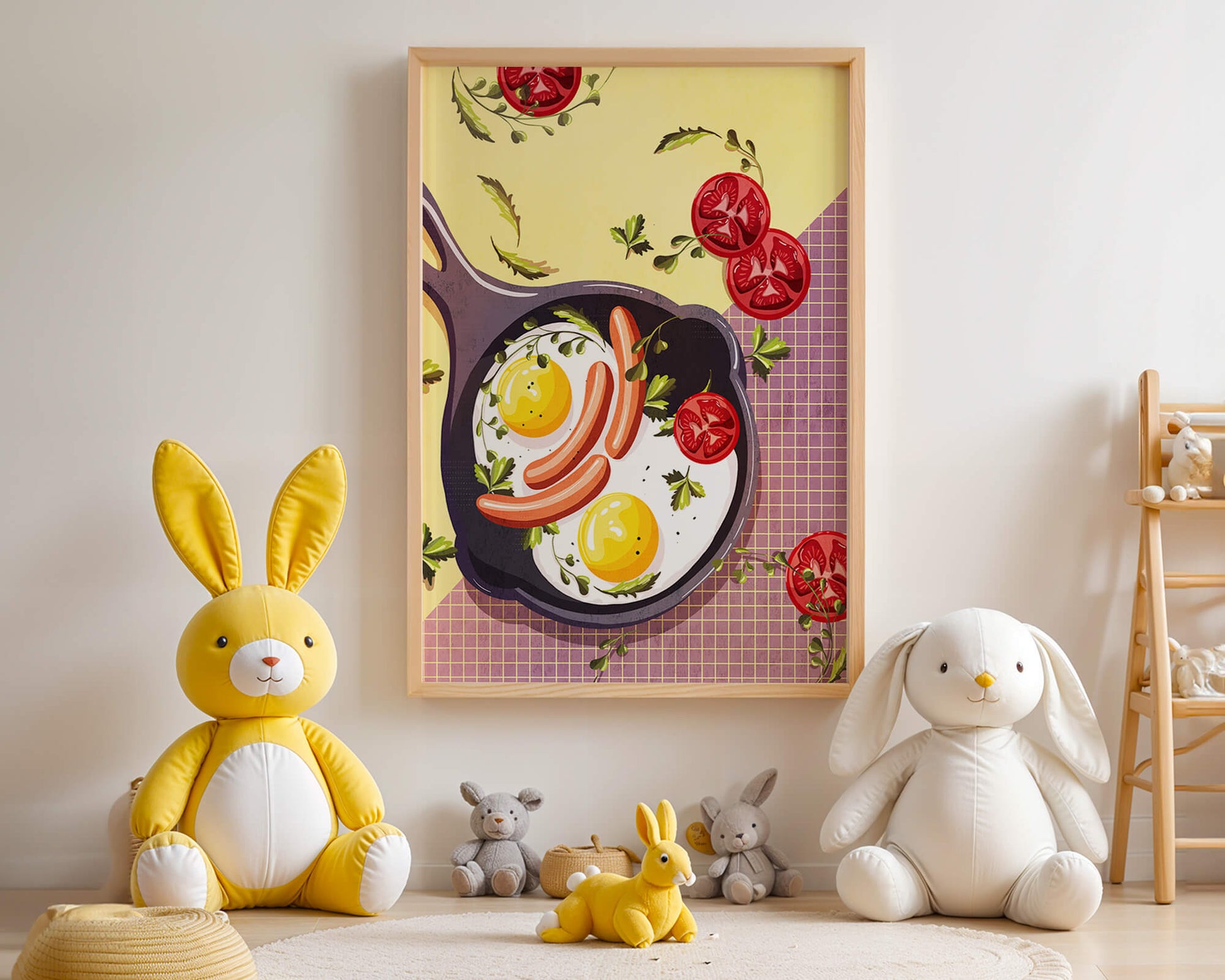 Fried Eggs and Sausages in Pan with Tomatoes and Herbs on Colorful Background