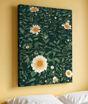 Floral pattern with daisies on a dark green background