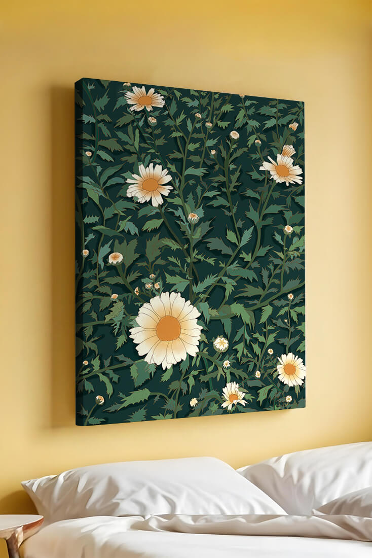 Floral pattern with daisies on a dark green background