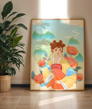 Traditional Asian Art with Woman in Hanfu Surrounded by Mountains and Peonies