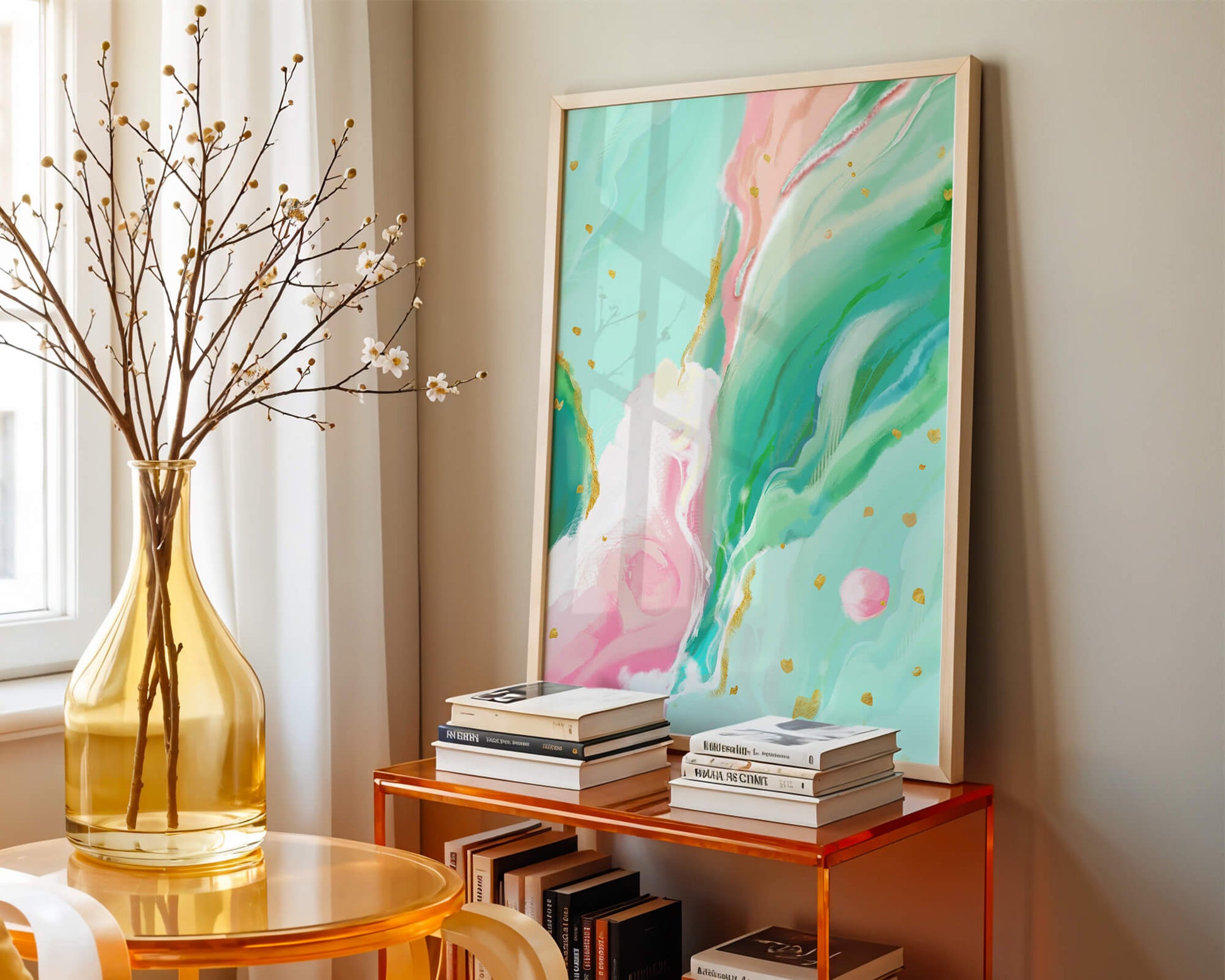 Obra de arte abstracta en pasteles y dorado con patrones fluidos