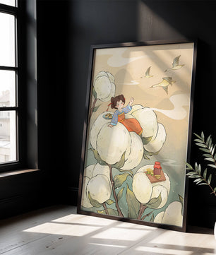 Illustration d'une fille sur des fleurs géantes avec des oiseaux volants et de la nourriture