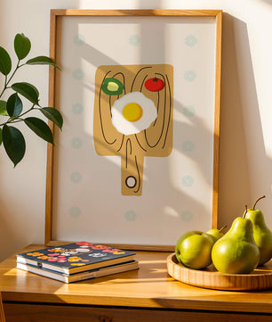 Ilustración de una escena de desayuno con huevo, aguacate y tomate sobre tabla de madera