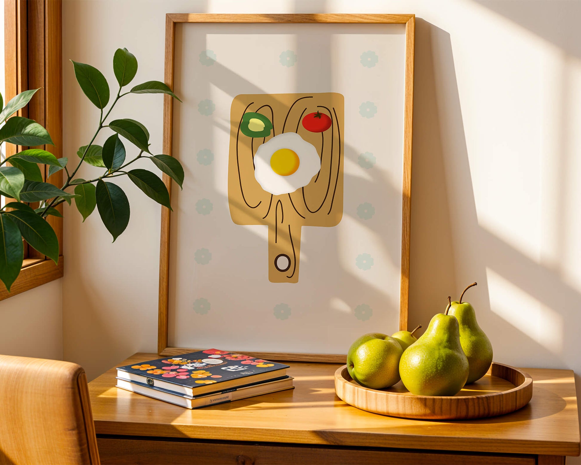 Ilustración de una escena de desayuno con huevo, aguacate y tomate sobre tabla de madera