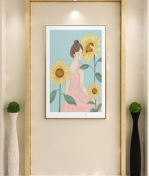 Ilustración de una mujer en un vestido rosa con girasoles