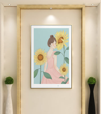 Illustration of a woman in a pink dress with sunflowers