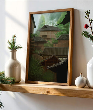 Traditional Japanese Architectural Scene with Lush Greenery