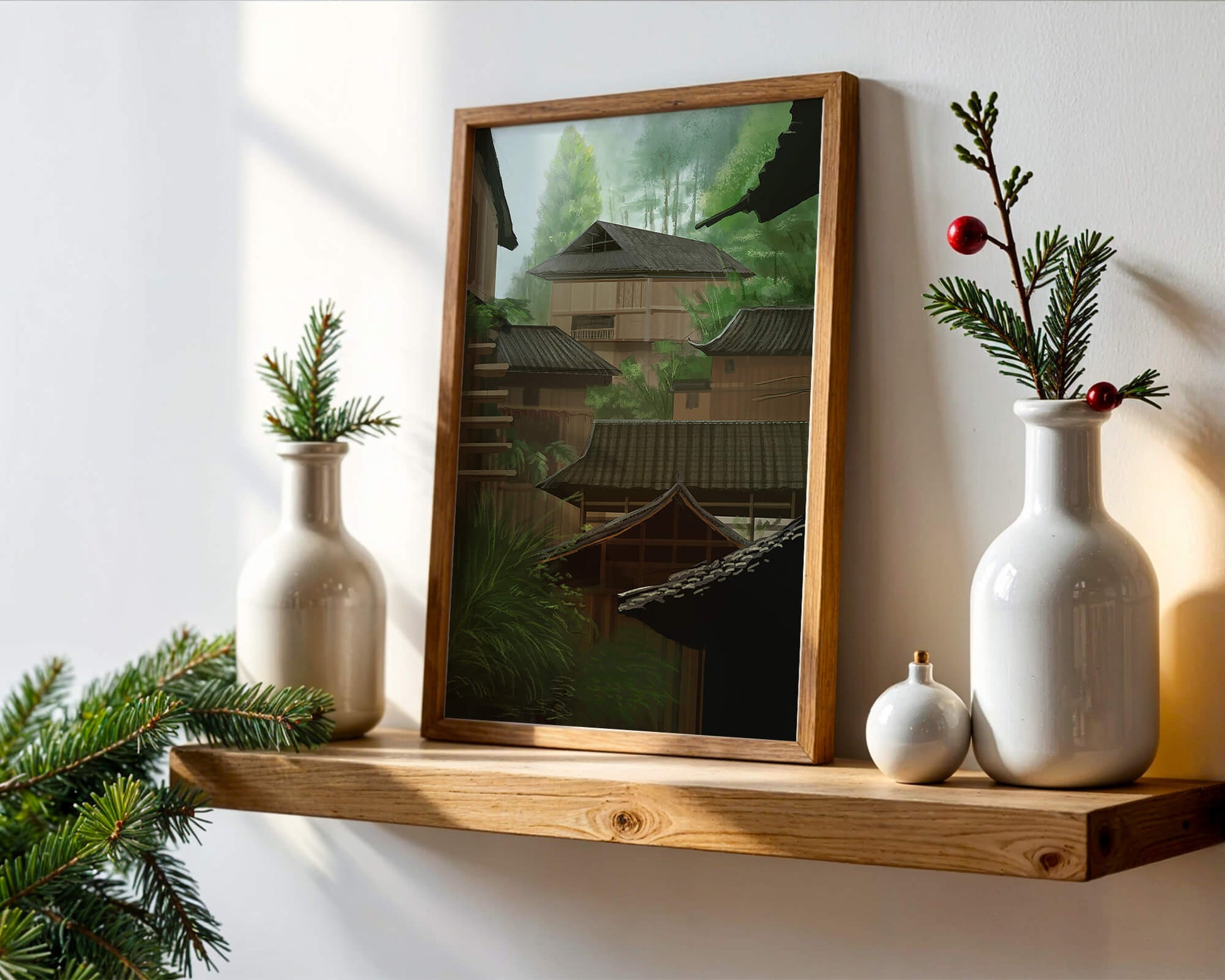 Traditional Japanese Architectural Scene with Lush Greenery