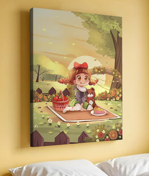 Whimsical picnic scene with a young girl and teddy bear under sunset in vibrant meadow