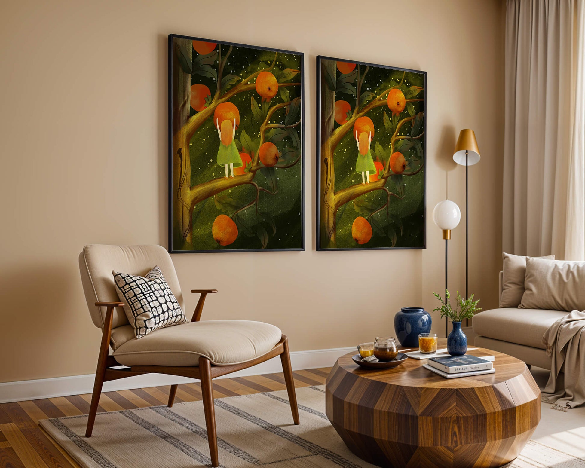 Little Girl Picking Oranges on a Starry Night