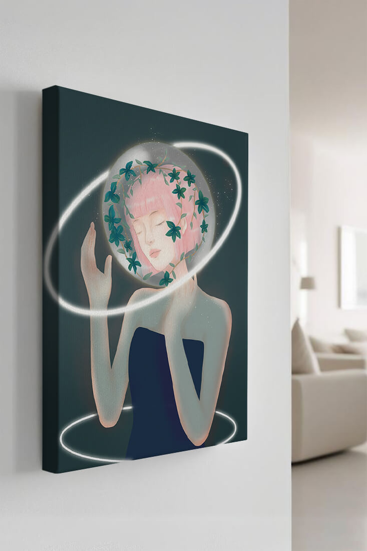 Dreamlike fantasy portrait with ethereal pink-haired figure