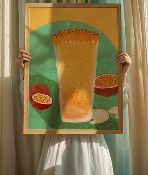 Illustrated tropical passion fruit drink with fresh slices