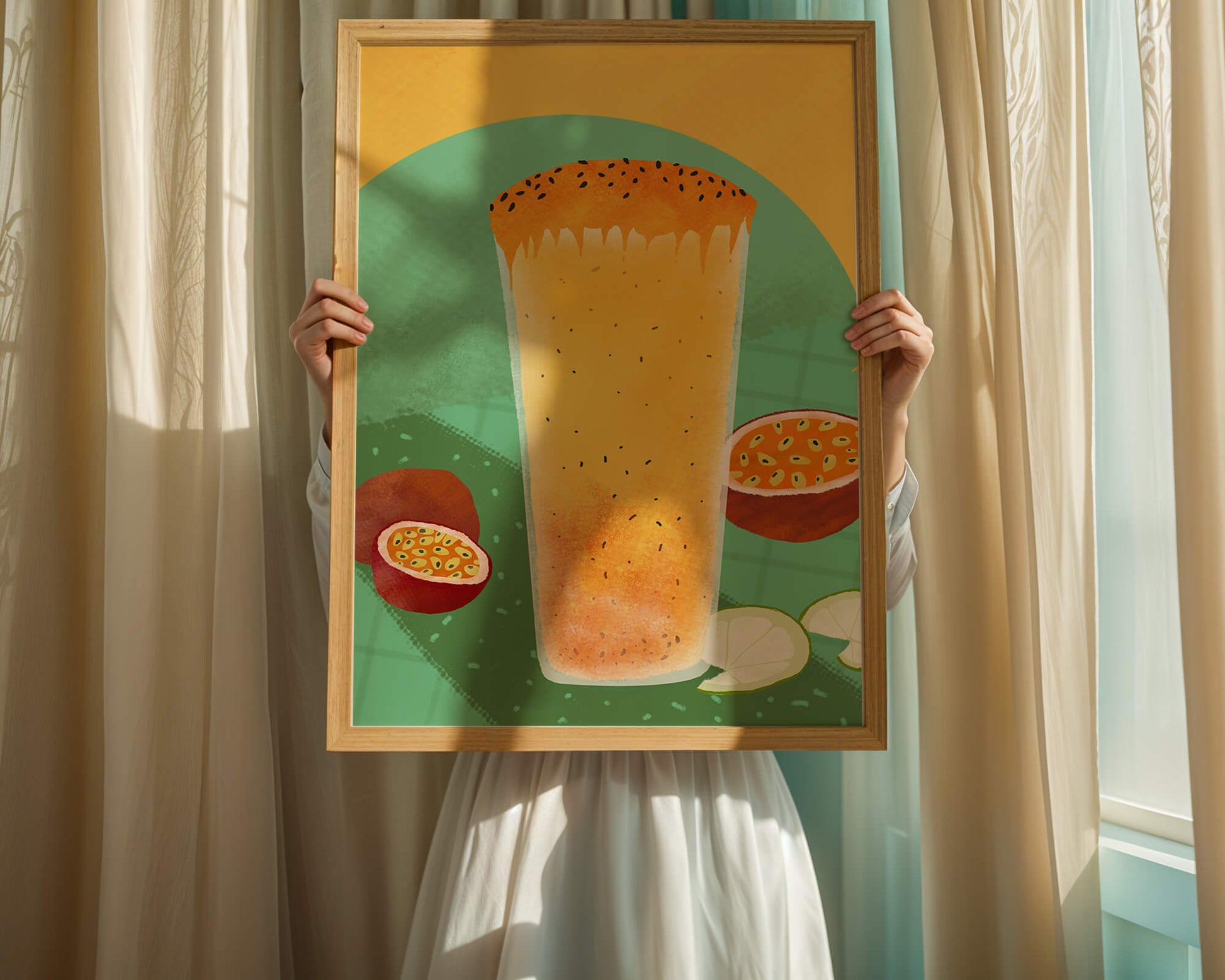 Illustrated tropical passion fruit drink with fresh slices