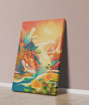 Mystical landscape with cranes and serene mountains