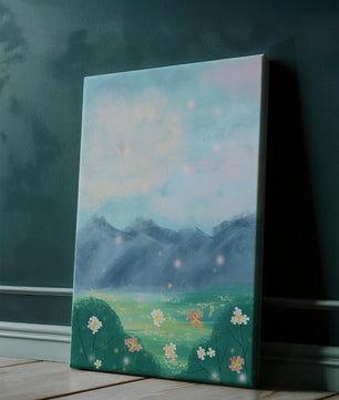 Serene Landscape with Blooming Flowers and Majestic Mountains