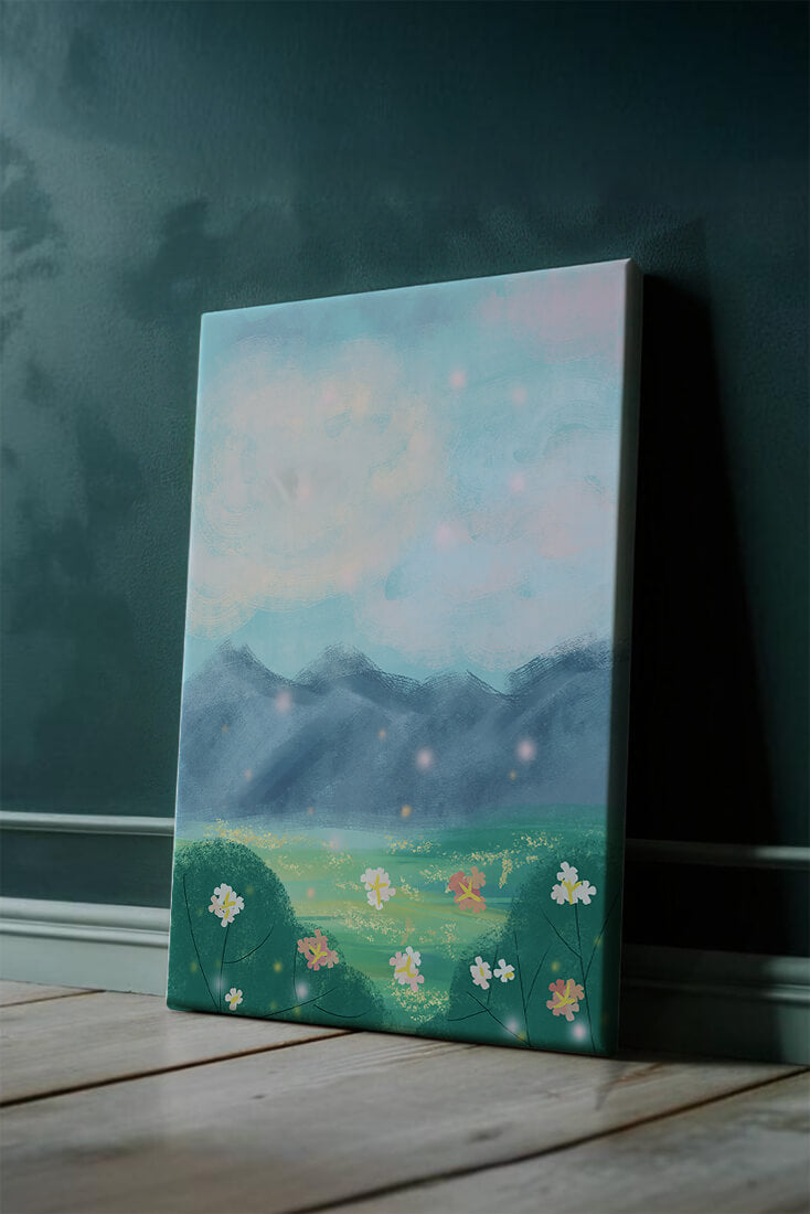 Serene Landscape with Blooming Flowers and Majestic Mountains