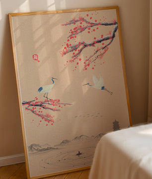Paysage asiatique élégant avec des grues et des branches de cerisier en fleurs