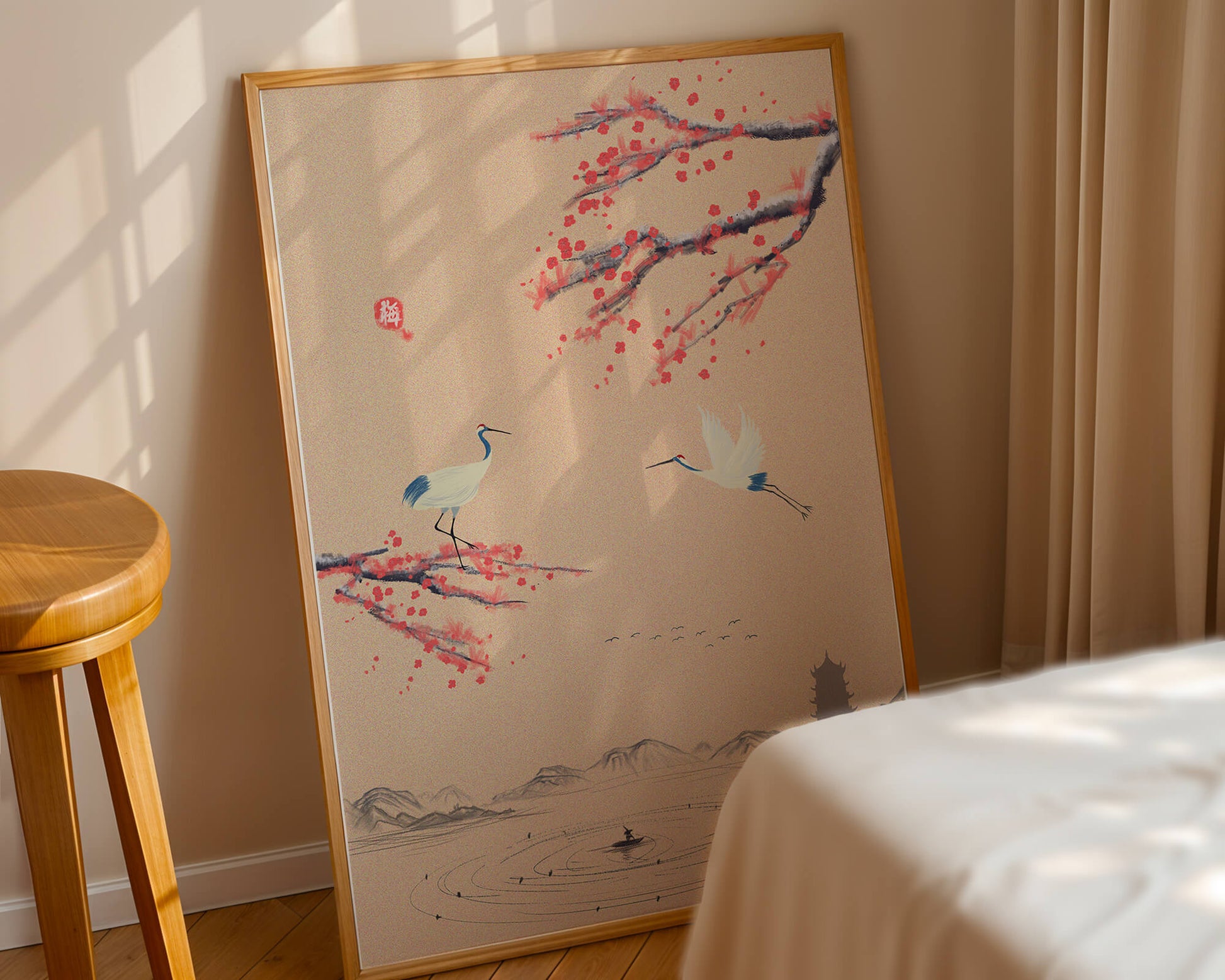 Elegant Asian landscape with cranes and cherry blossom branches