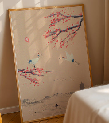 Elegant Asian landscape with cranes and cherry blossom branches