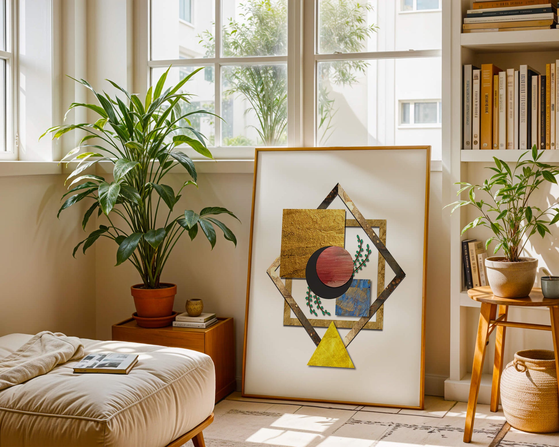 Modern geometric abstract art with vibrant colors and gold accents