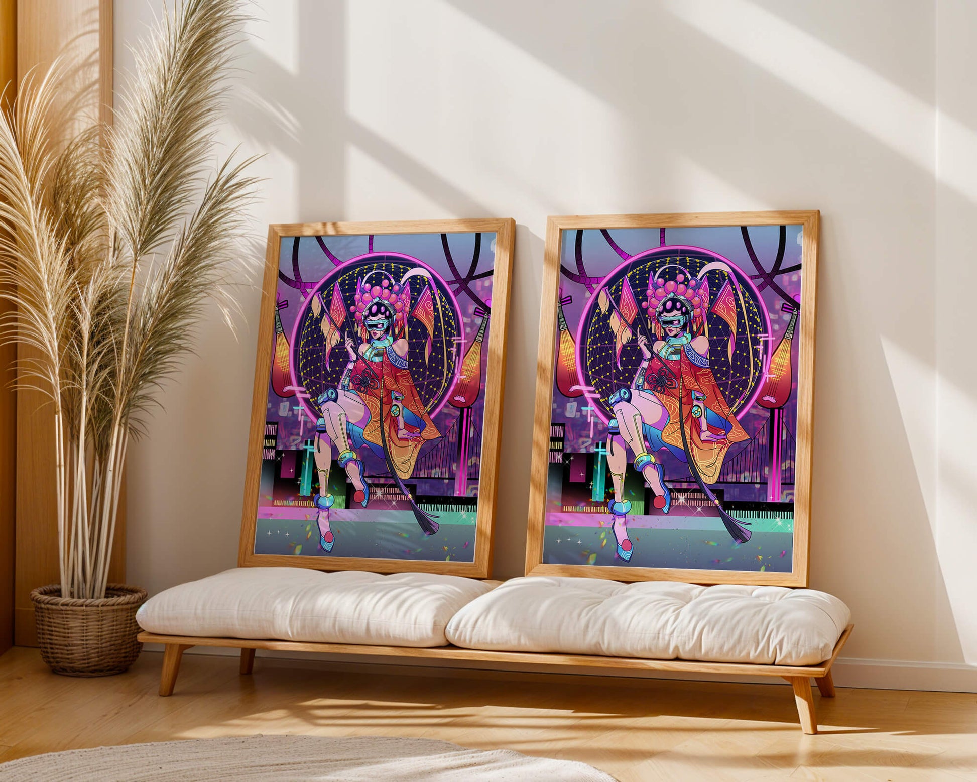 Futuristic geisha with neon lights and traditional elements