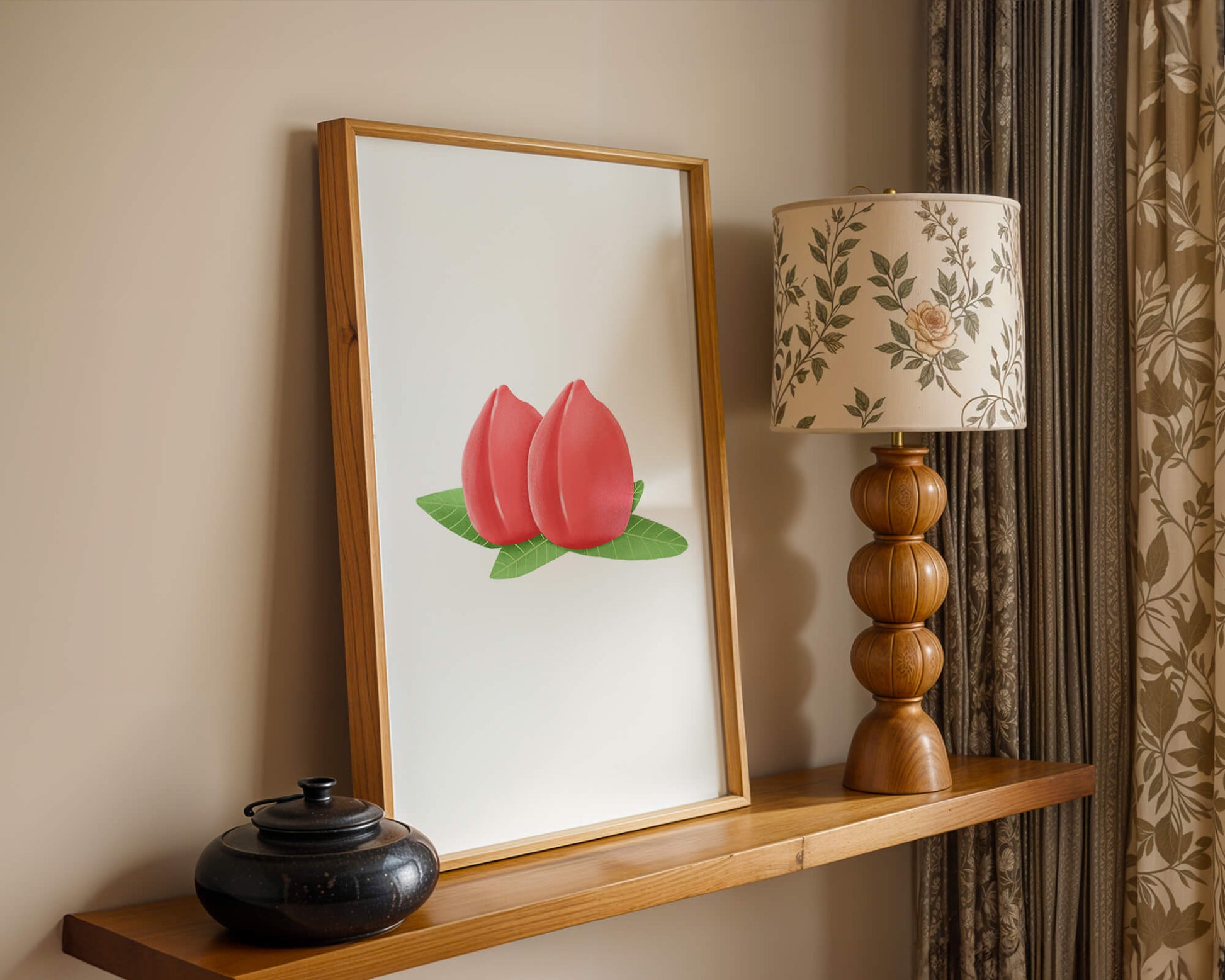 Realistic illustration of juicy peaches with green leaves