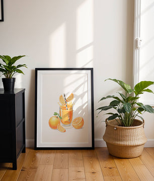 Illustration of a refreshing orange juice with fresh oranges and splash