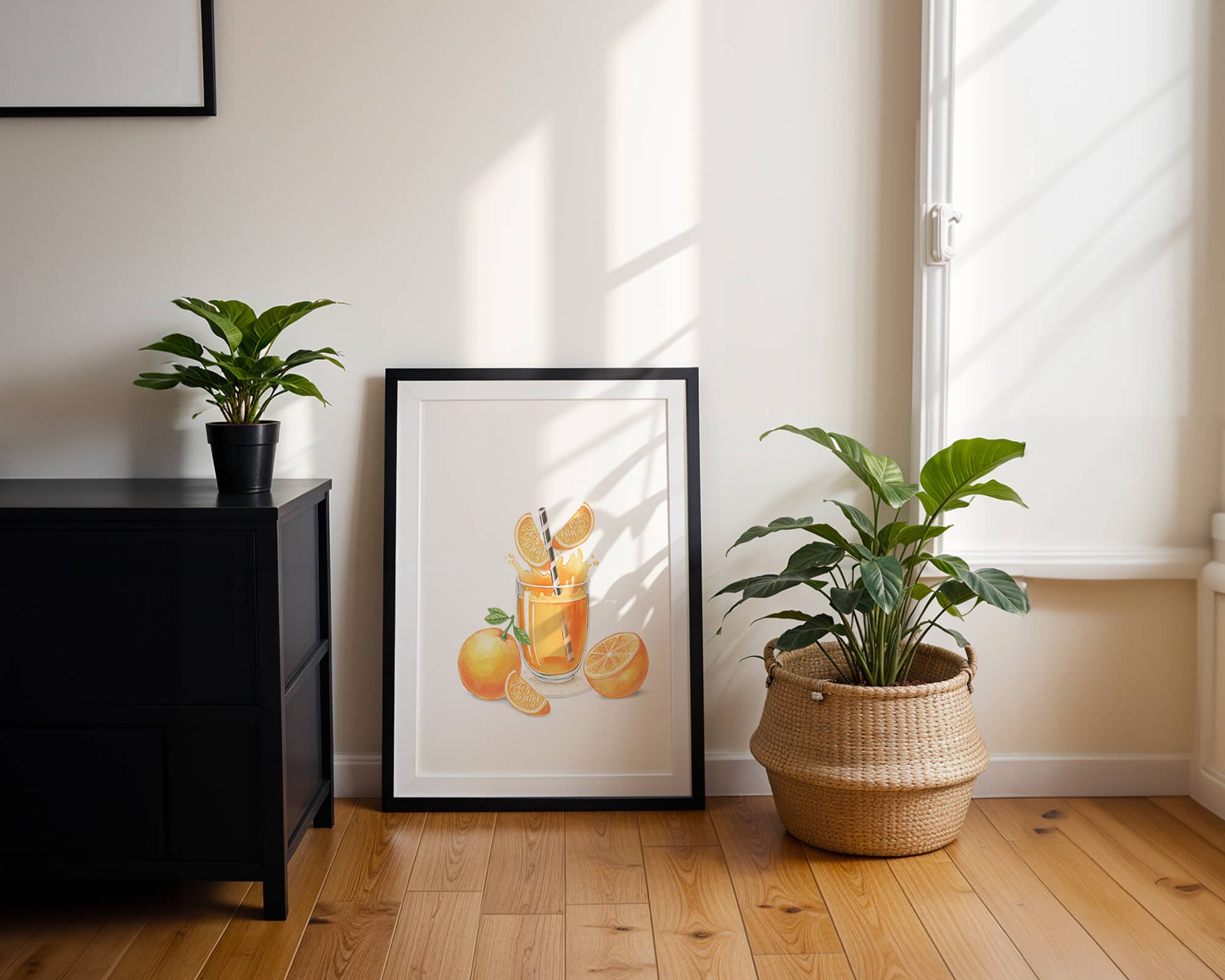 Illustration of a refreshing orange juice with fresh oranges and splash
