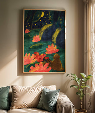 Mystical night garden with bright flowers and starlit sky