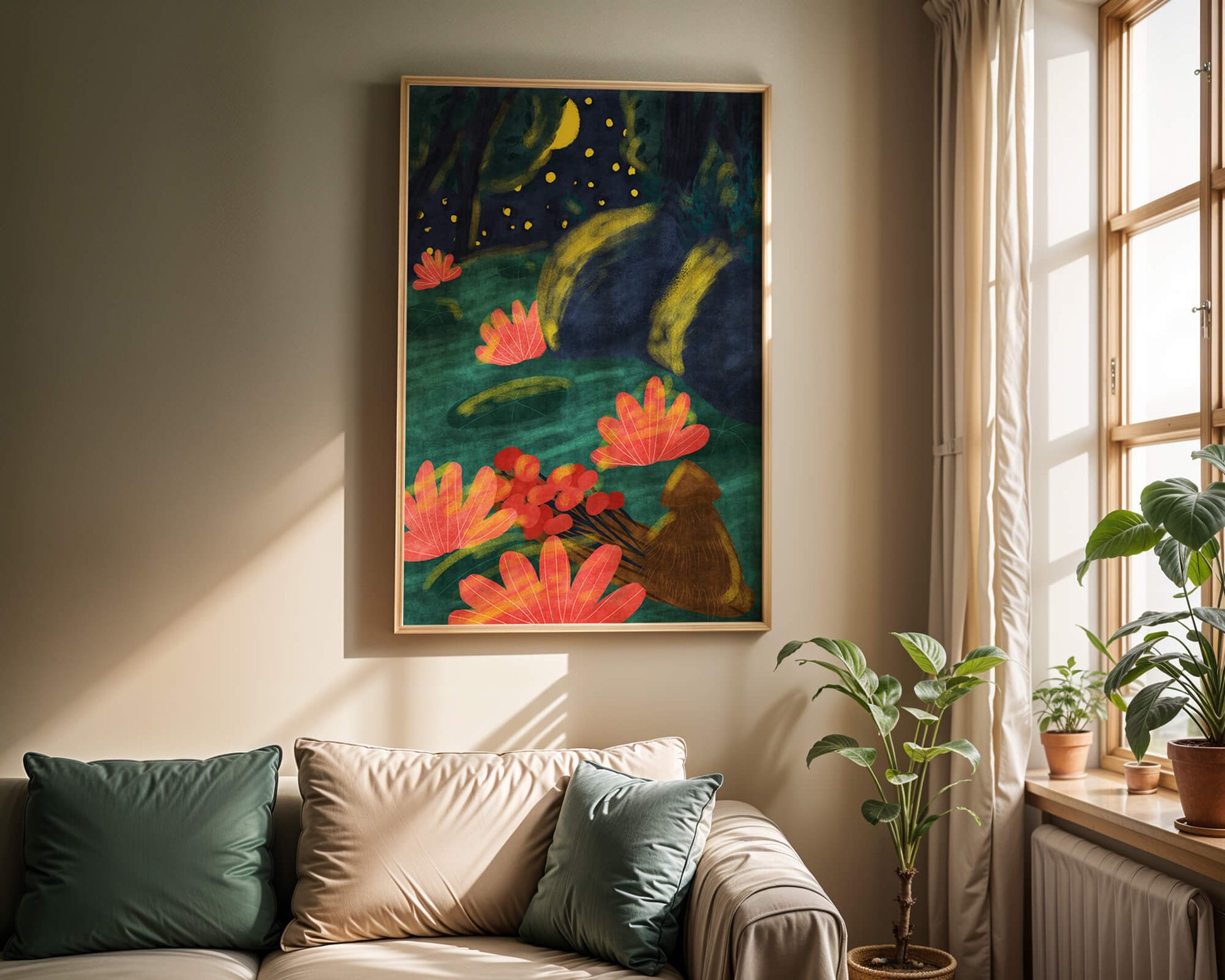 Mystical night garden with bright flowers and starlit sky