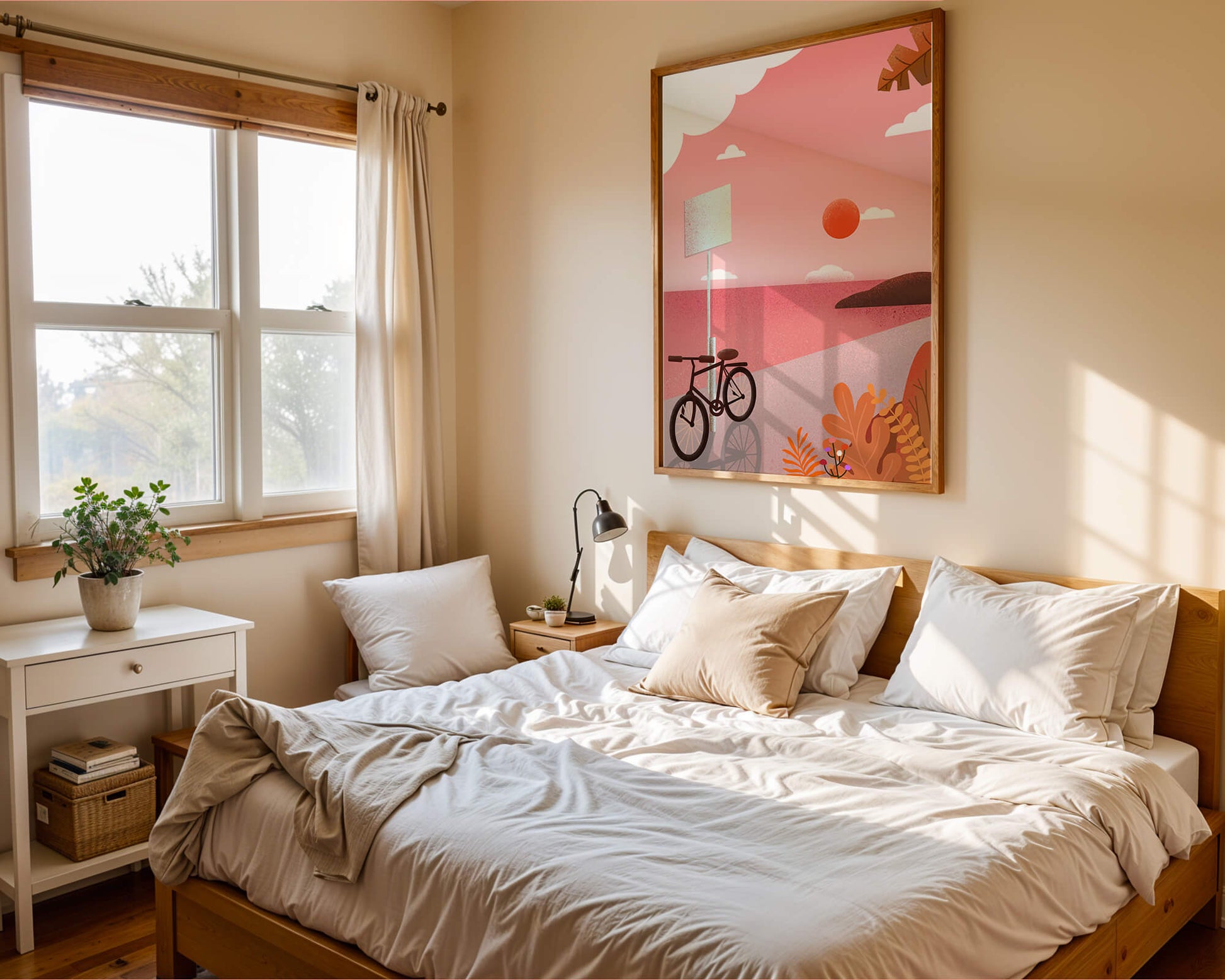 Serene sunset with bicycle by the sea in pastel colors