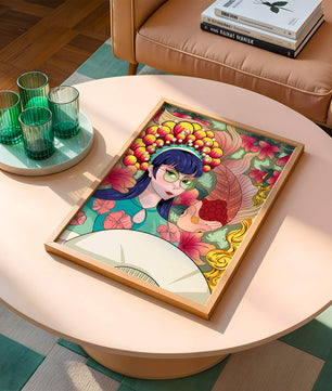Illustration colorée d’une femme avec une coiffe florale et un fond de poissons