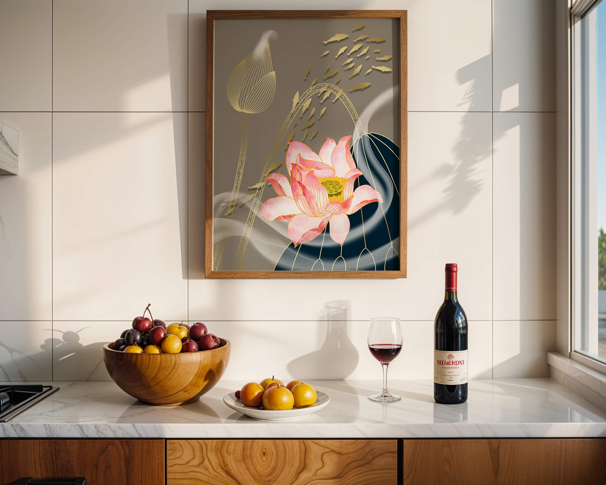 Elegant floral design with blooming lotus and golden fish accents