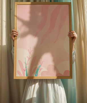 Diseño floral abstracto en rosa suave con hojas estilizadas y ondas
