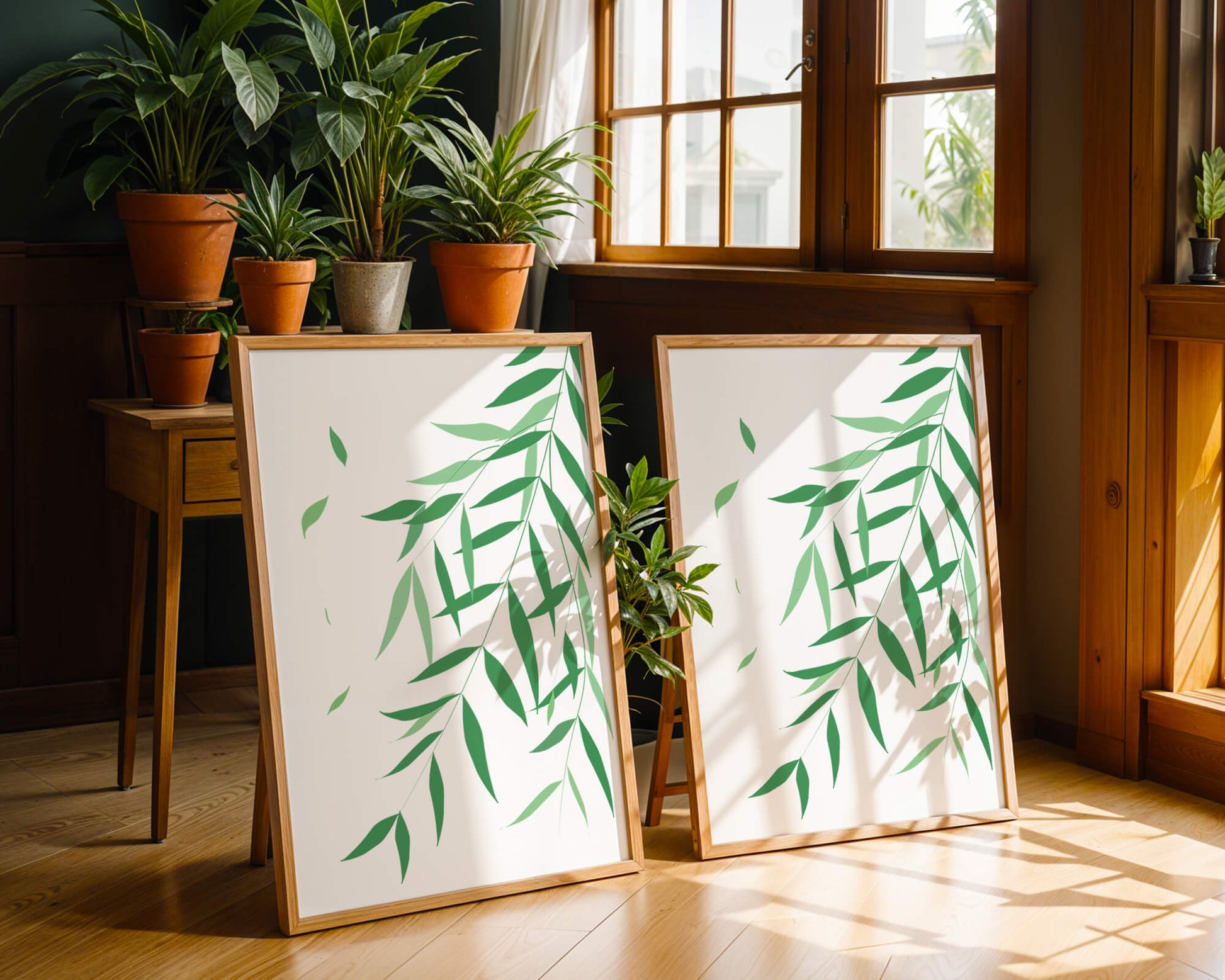 Elegant green leaves on black background art illustration