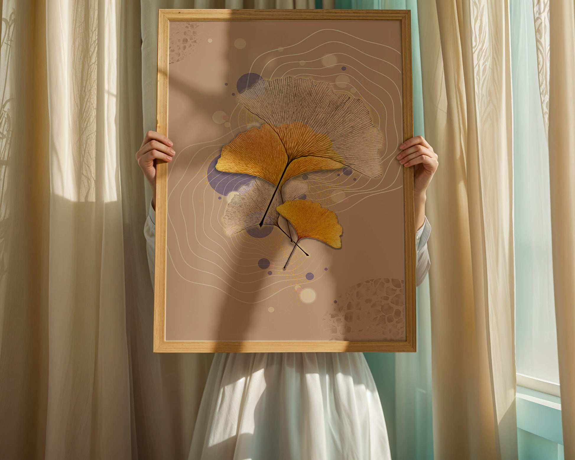 Elegant ginkgo leaves with abstract wavy and circular elements