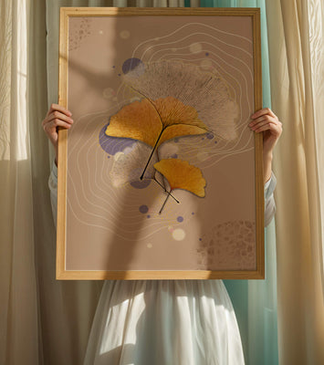 Elegant ginkgo leaves with abstract wavy and circular elements