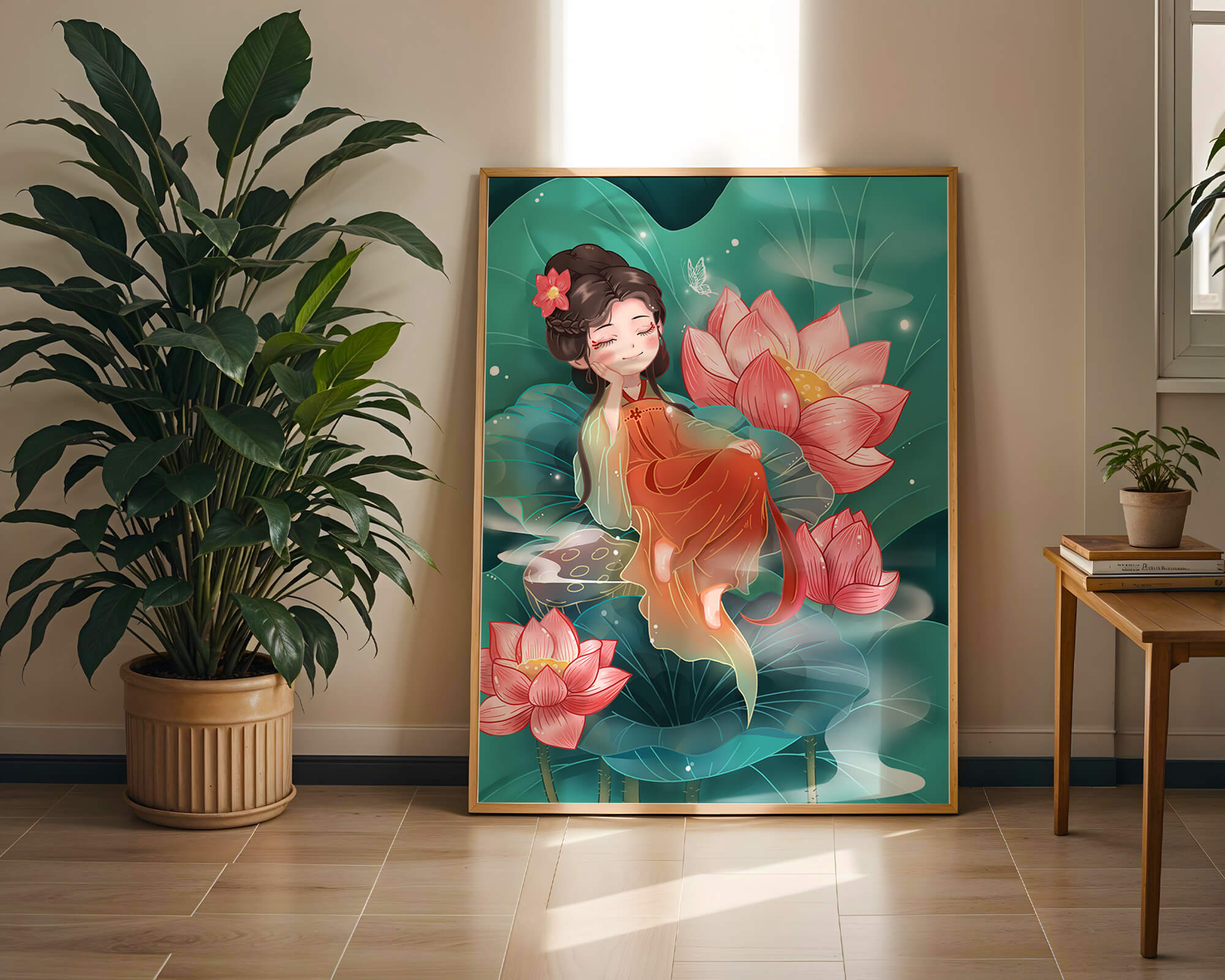 Charming illustration of a girl resting amidst lotus flowers
