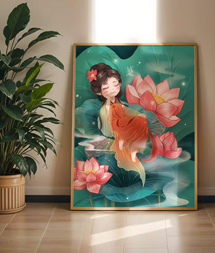 Charmante illustration d'une fille se reposant parmi des fleurs de lotus