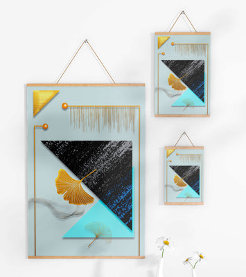 Abstract Composition with Geometric Shapes and Gold Ginkgo Leaves
