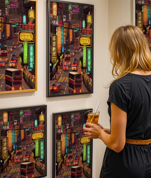 Vibrant urban street with neon signs and bustling traffic at night
