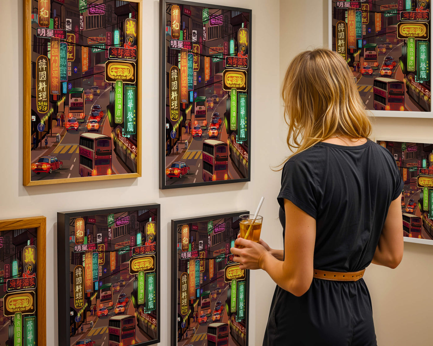 Vibrant urban street with neon signs and bustling traffic at night